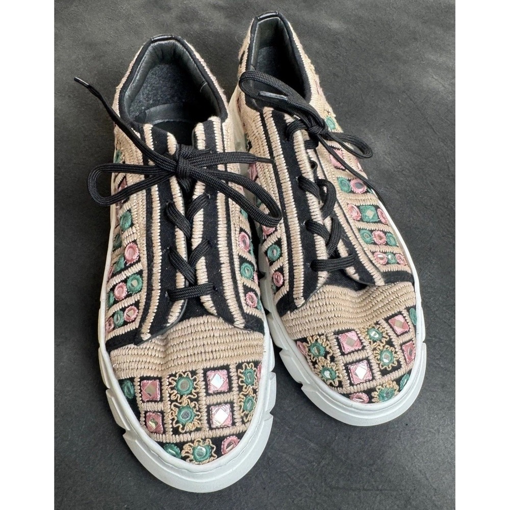 Free People Embroidered Mirror Sneakers Tan Black Multi Boho Platform 38
